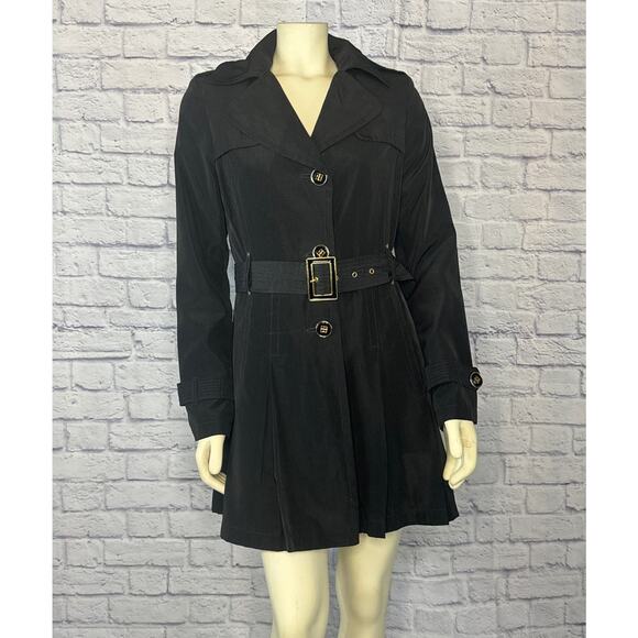 Kenneth Cole black trench coat with gold buttons and belt size medium - Picture 3 of 12